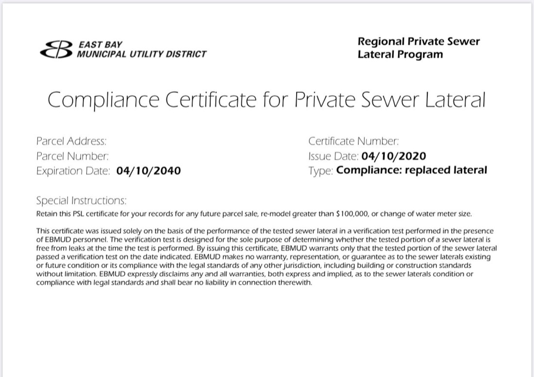 Sample EBMUD Compliance Certificate for a replaced private sewer lateral